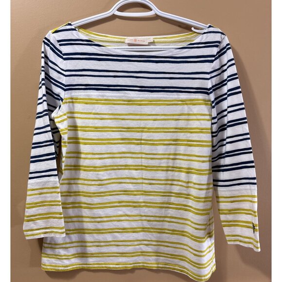 Tory Burch 100% Cotton Blue Yellow Striped Boat Neck 3/4 Sleeve Women's Large - Picture 1 of 9